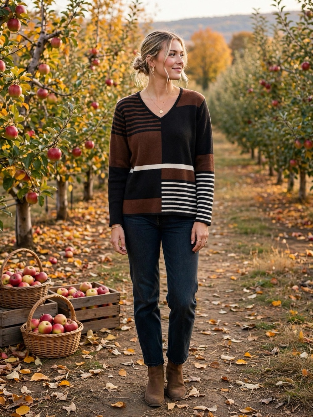 Parkhurst Brown Black Cream Colorblock Striped V-Neck Sweater Fall Knit | Size M
